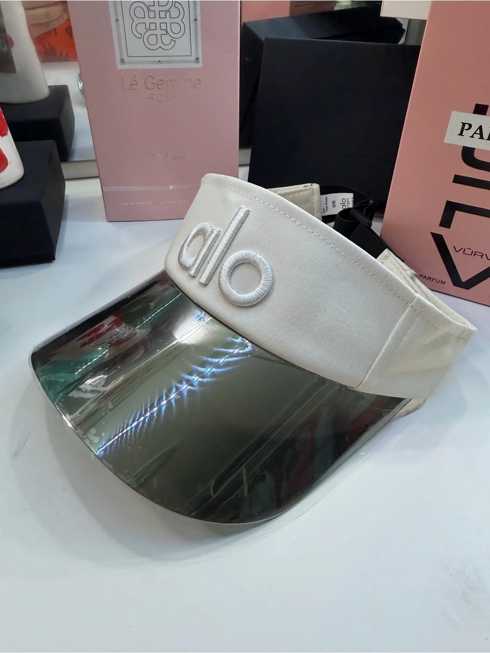 ALO Yoga White Visor with Silver Mirrored Brim